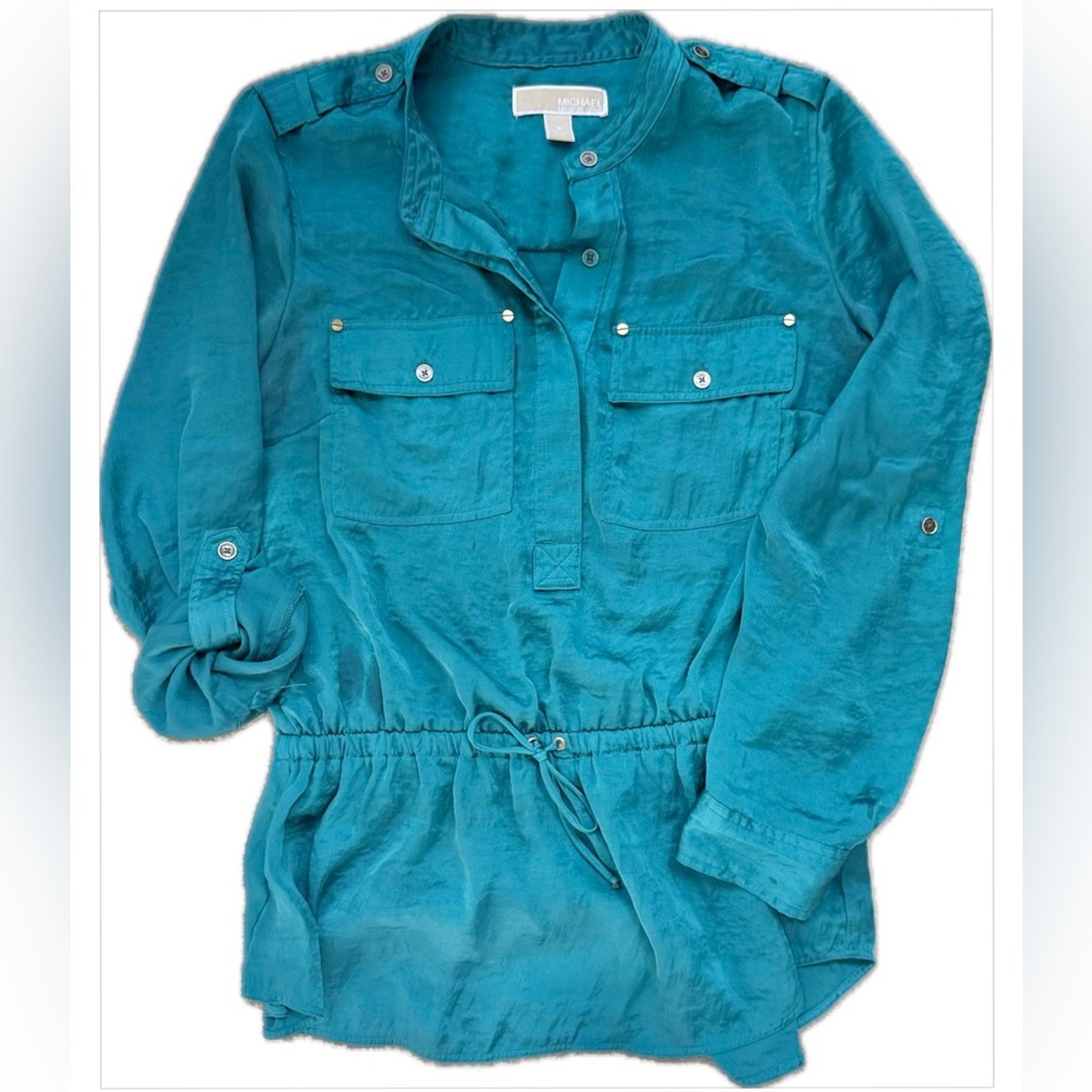 Michael Kors Blue-Green Teal Button Up Utility Shirt Top | Vintage Sheer Blouse - Picture 7 of 13